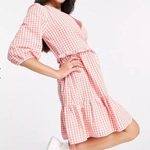 ASOS New Look wrap mini dress pink gingham 14